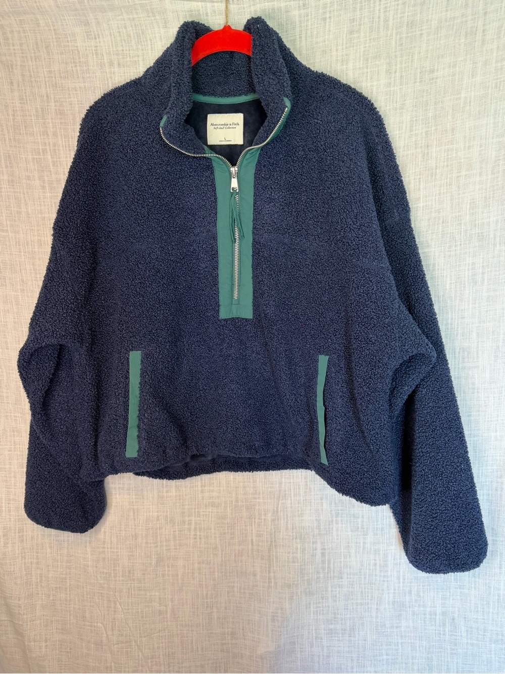 Abercrombie & Fitch Navy Sherpa Half-Zip Pullover Green Trim Velour Lined Large